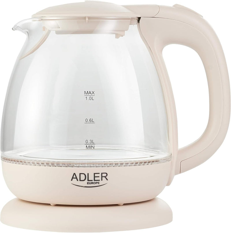 adler AD 1238 Elektrischer Wasserkocher aus Glas, klein, 1 l, 1100 W, LED-Beleuchtung, 1 Liter, Beig