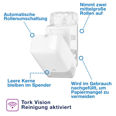 Tork 557500 Doppelrollenspender für Midi Toilettenpapier in Weiss / Tork T6 Hygienischer Toilettenpa