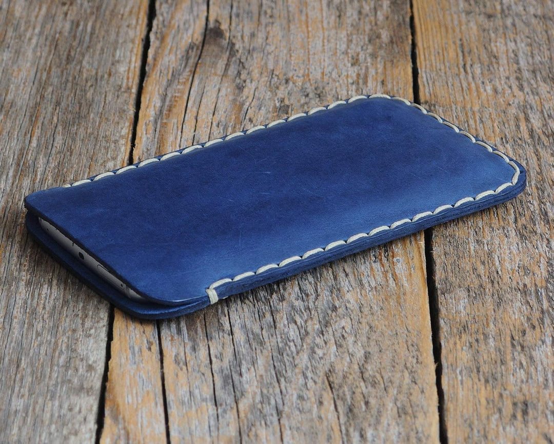 Blaues Leder Hülle für iPhone 15 PRO MAX, Handgenähtes Etui