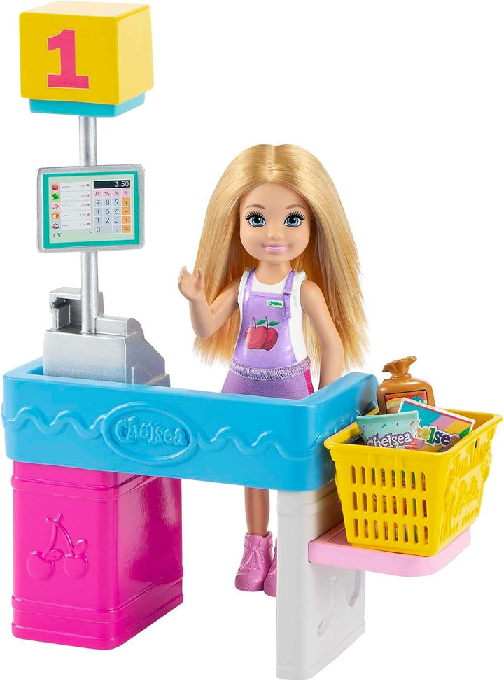 Barbie GTN67 - Chelsea-Karrierepuppe Blonde Chelsea-Puppe und Supermarkt Spielset, Spielzeug ab 3 Ja
