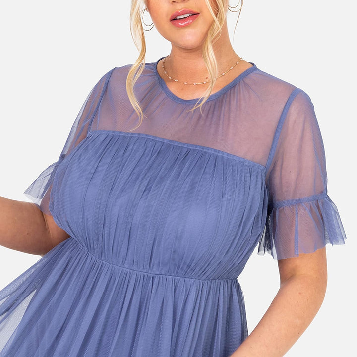 Anaya with Love Damen Ladies Maxi Dress Women Tiered Back Keyhole Mesh Short Sleeve Ruffle for Weddi