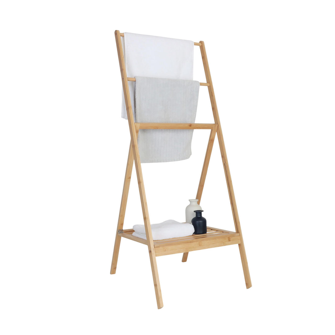 Relaxdays Handtuchständer Bambus, klappbar, Ablage, 3 Stangen, HxBxT: 112 x 55 x 44,5 cm, Handtuchab