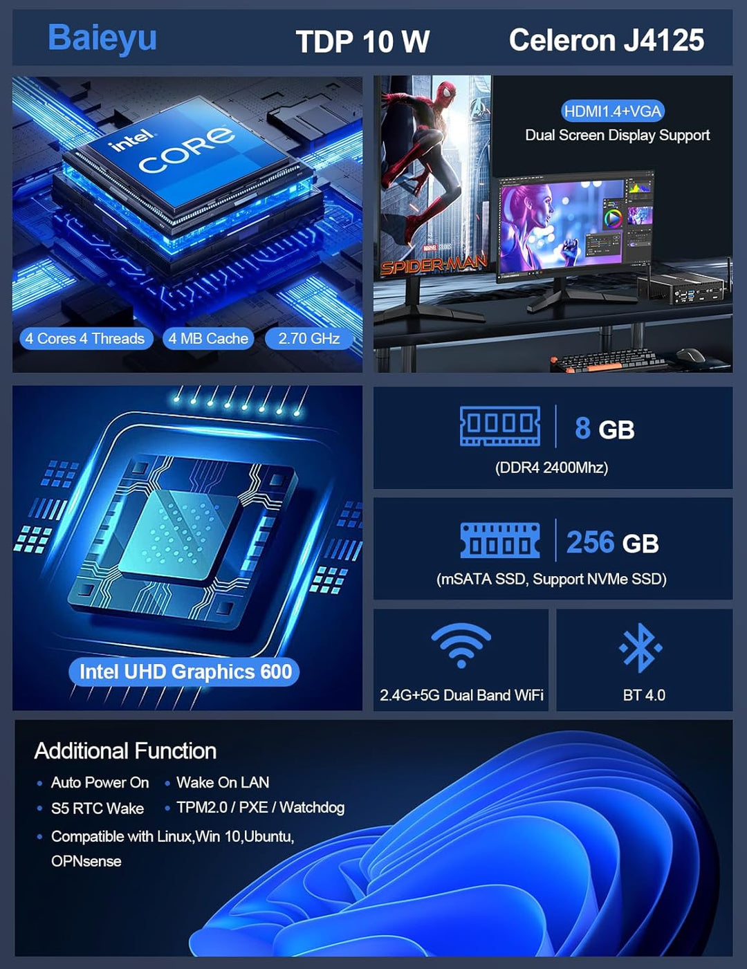 Lüfterloser Mini PC Windows 10 pro with Celeron J4125 Mini Industrial PC 8 GB DDR4-RAM 256 GB SSD Mi