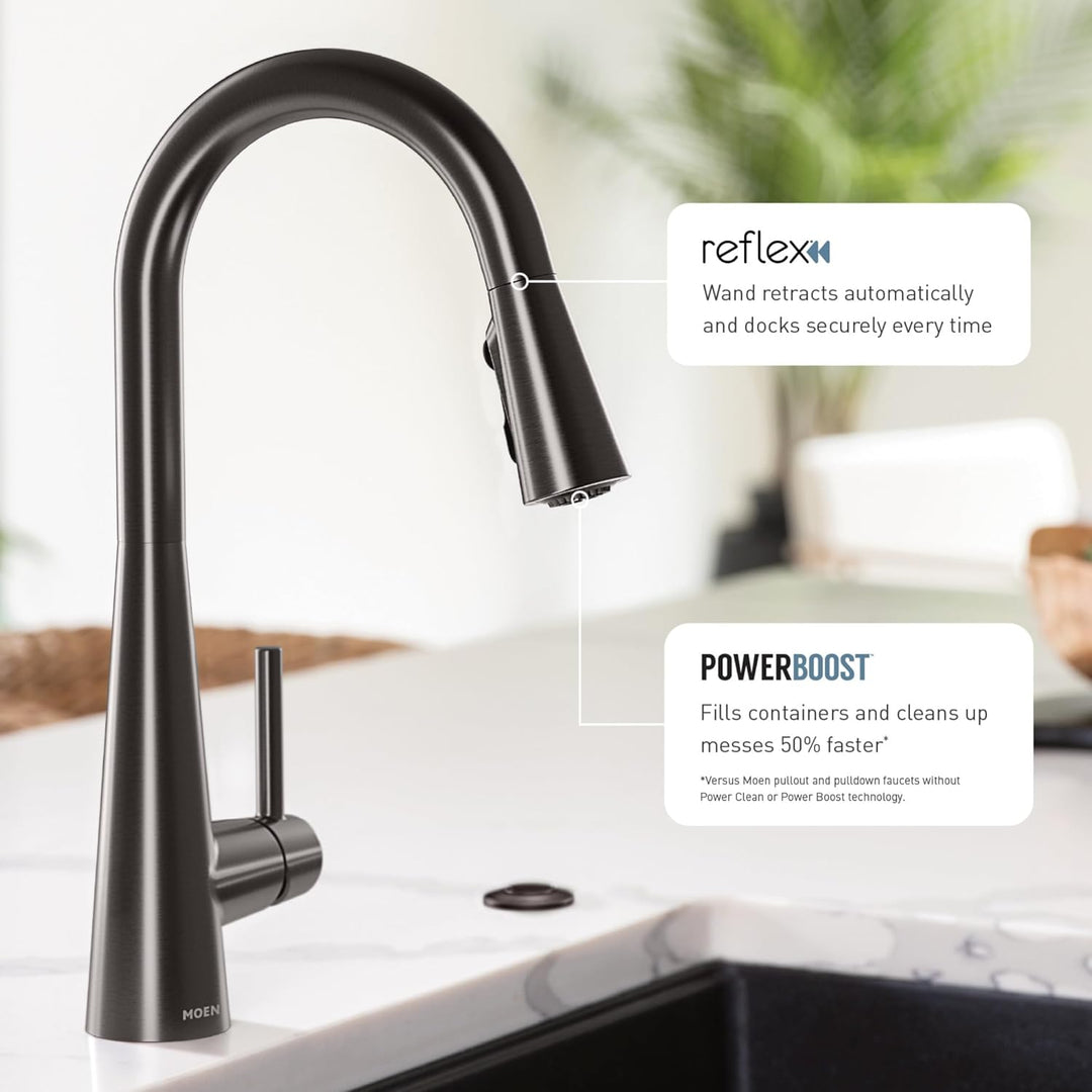 Moen Schlanke, schwarze Edelstahl-Küchenarmatur mit einem Griff, hoher Bogen, mit Power Boost, 7864B