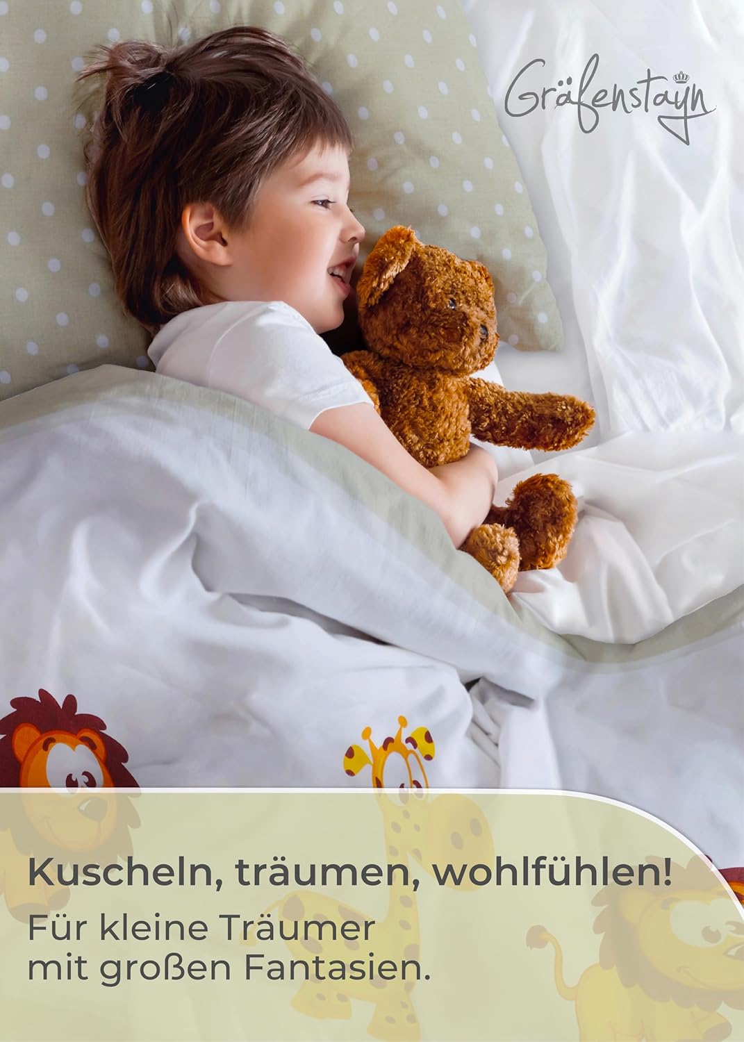 Gräfenstayn® 2-tlg. Kinderbettwäsche Set mit Tiermotiv und integriertem Reissverschluss - aus 100% B