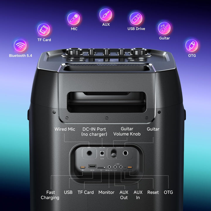 W-KING Tragbare Bluetooth-Lautsprecher-Box mit 370W MAX Pro Sound, Lichtshow, CSB, Bass Boost, Rolle