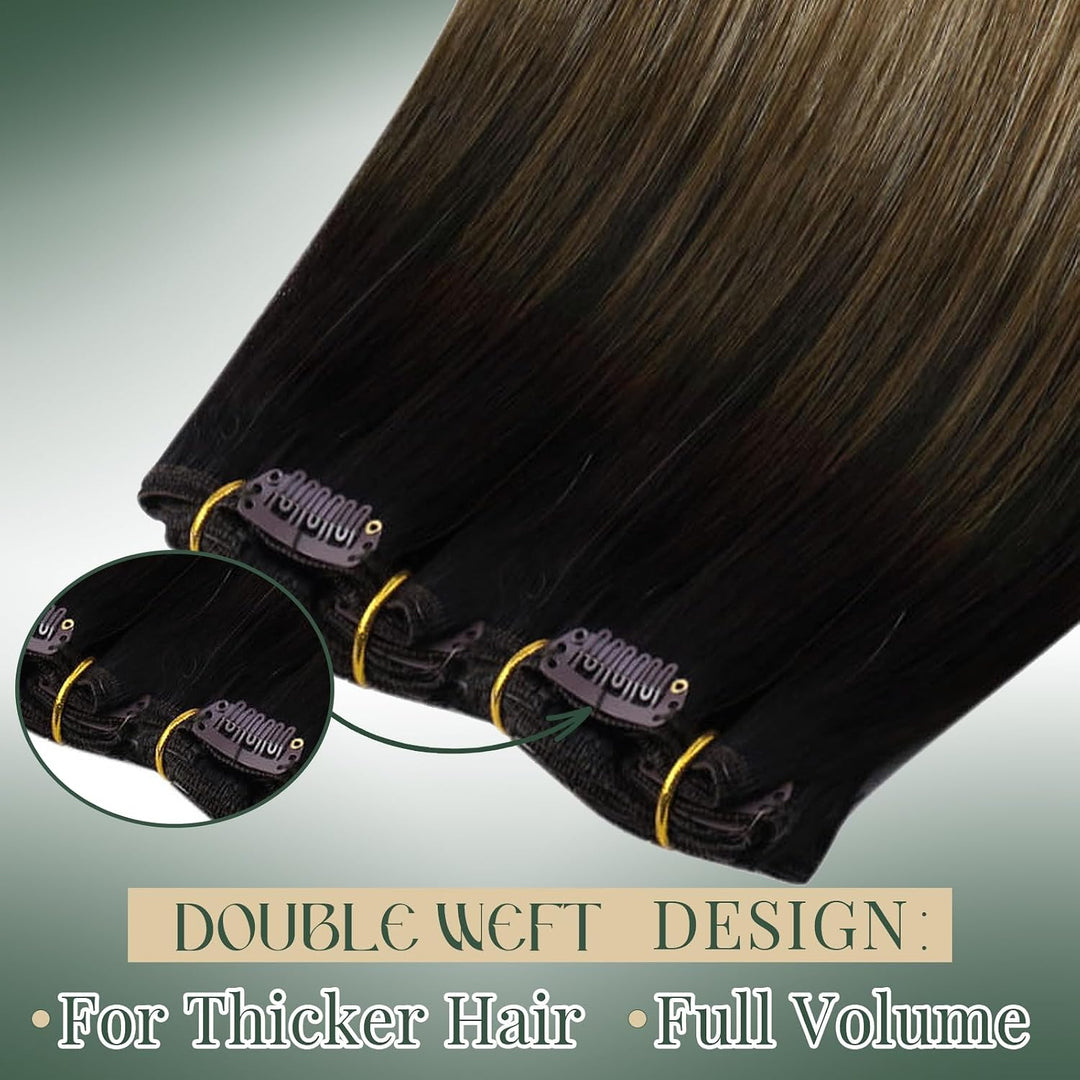 Ugeat Clip in Extensions Echthaar Balayage Braun Glatt Clip in Haarverlängerung Mittelbraun Balayage