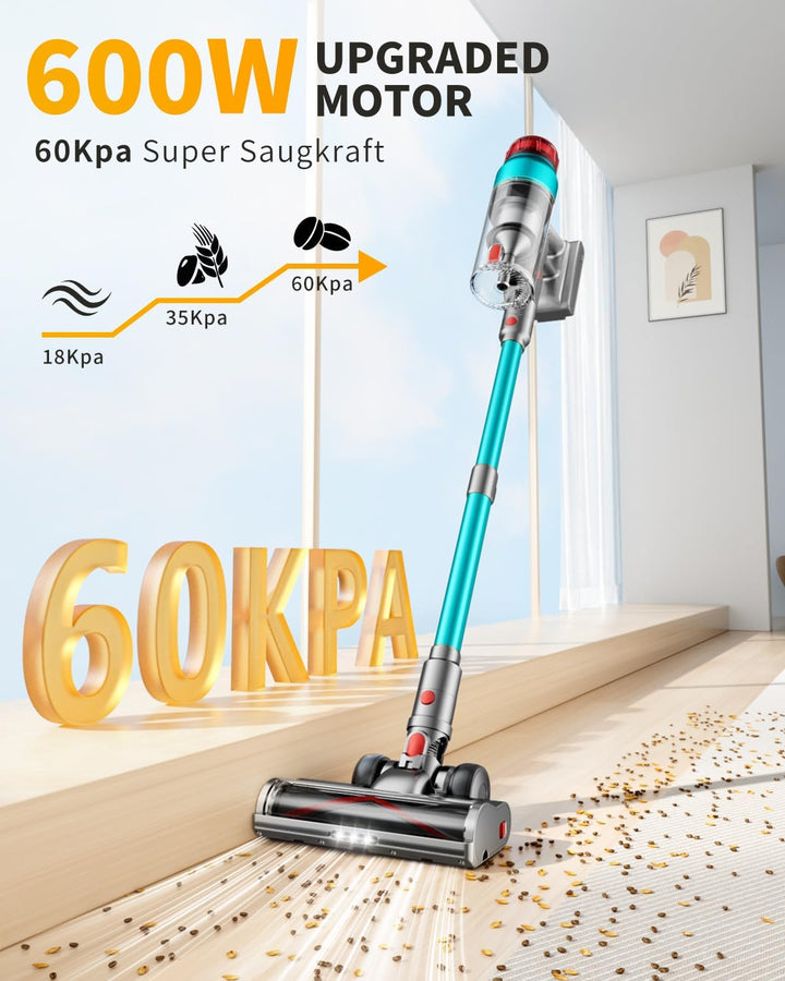 60000Pa/600W Akku Staubsauger Kabellos 75Mins Laufzeit, Wandmontierte Ladestation, Akkustaubsauger C