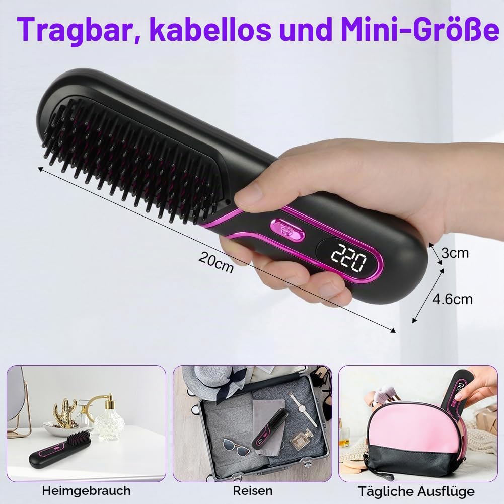 LOPHE Mini Haarglätterbürste, Glättbürste Kabellos, Hair Straightener Comb mit LCD-Bildschirm 4-Stuf