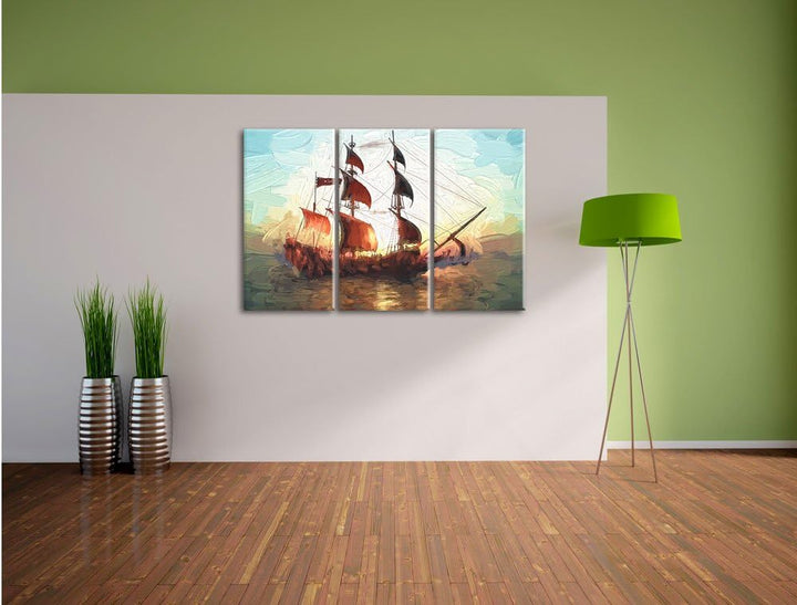 Pixxprint Segelschiff 3Teiler 120x80 cm Leinwandbild Wandbild Kunstdruck