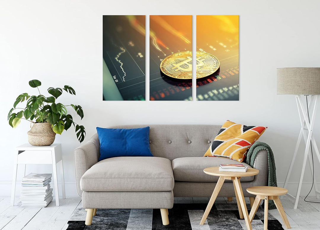 Bitcoin BTC Aktienmarktals Leinwandbild 3 teilig | Grösse: 120x80 cm | Wandbild | Kunstdruck | ferti