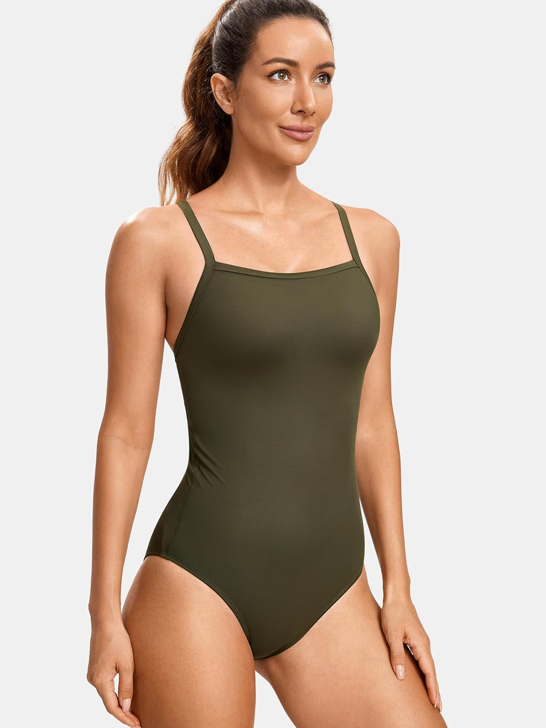 SYROKAN Damen Sport Badeanzug One Piece Trainings Profi Einteiler Bademode mit Cups, Dunkle Olive