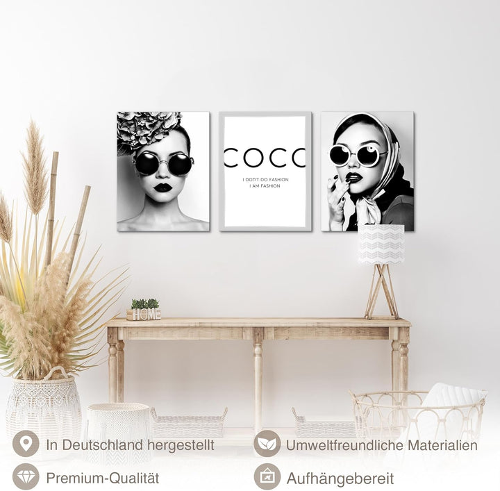 Novart Wandbilder Set Coco Fashion - KOMPLETT AUFHÄNGFERTIG - Wohnzimmer Mädchen Teenager Deko - 3 M