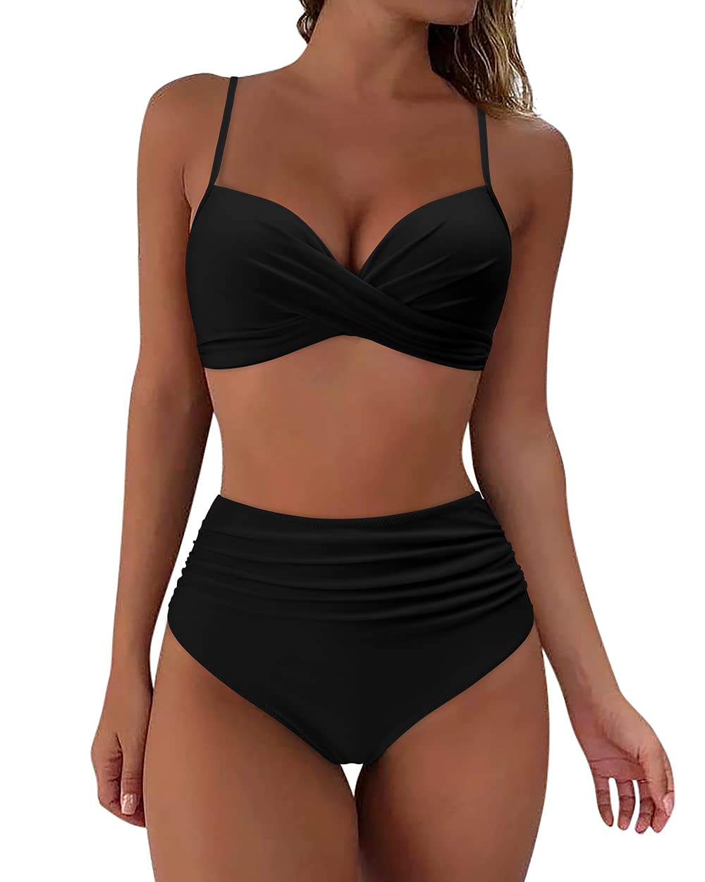 RXRXCOCO Damen Wickel Push Up Bikini Oberteil Bauchweg High Waist Bikini Set Bademode XL Schwarz, XL