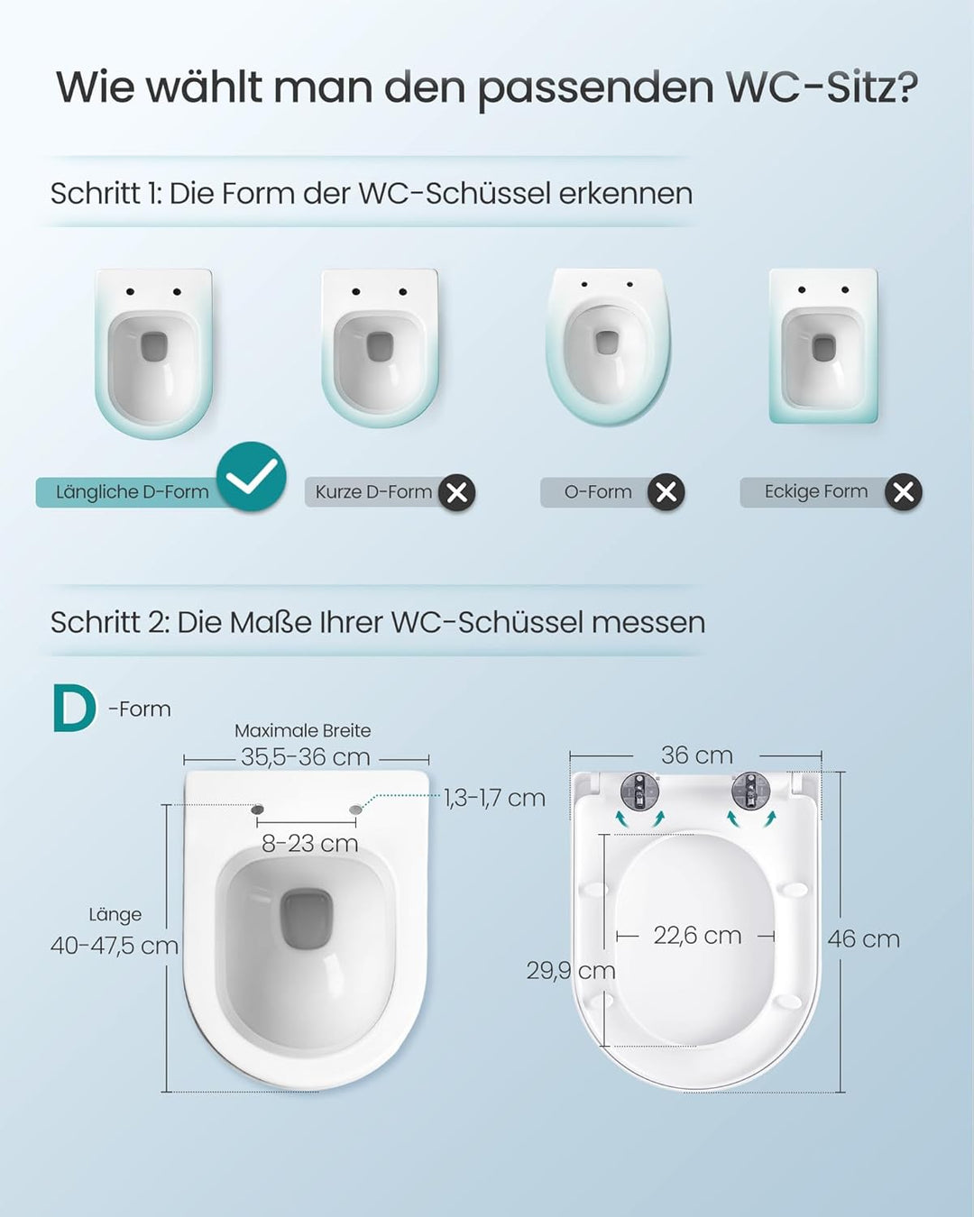 SONGMICS Toilettendeckel, lange D-Form, WC-Sitz mit Absenkautomatik, Griff, Toilettensitz abnehmbar,