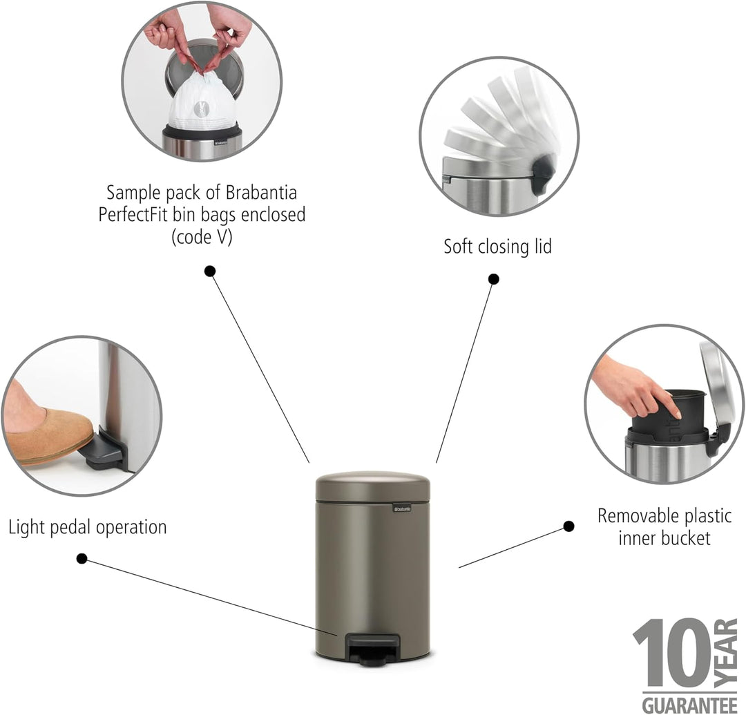 Brabantia Treteimer 3L, mit Inneneimer aus Kunststoff, stahl, Platinum 3 Liter Platinum, 3 Liter Pla