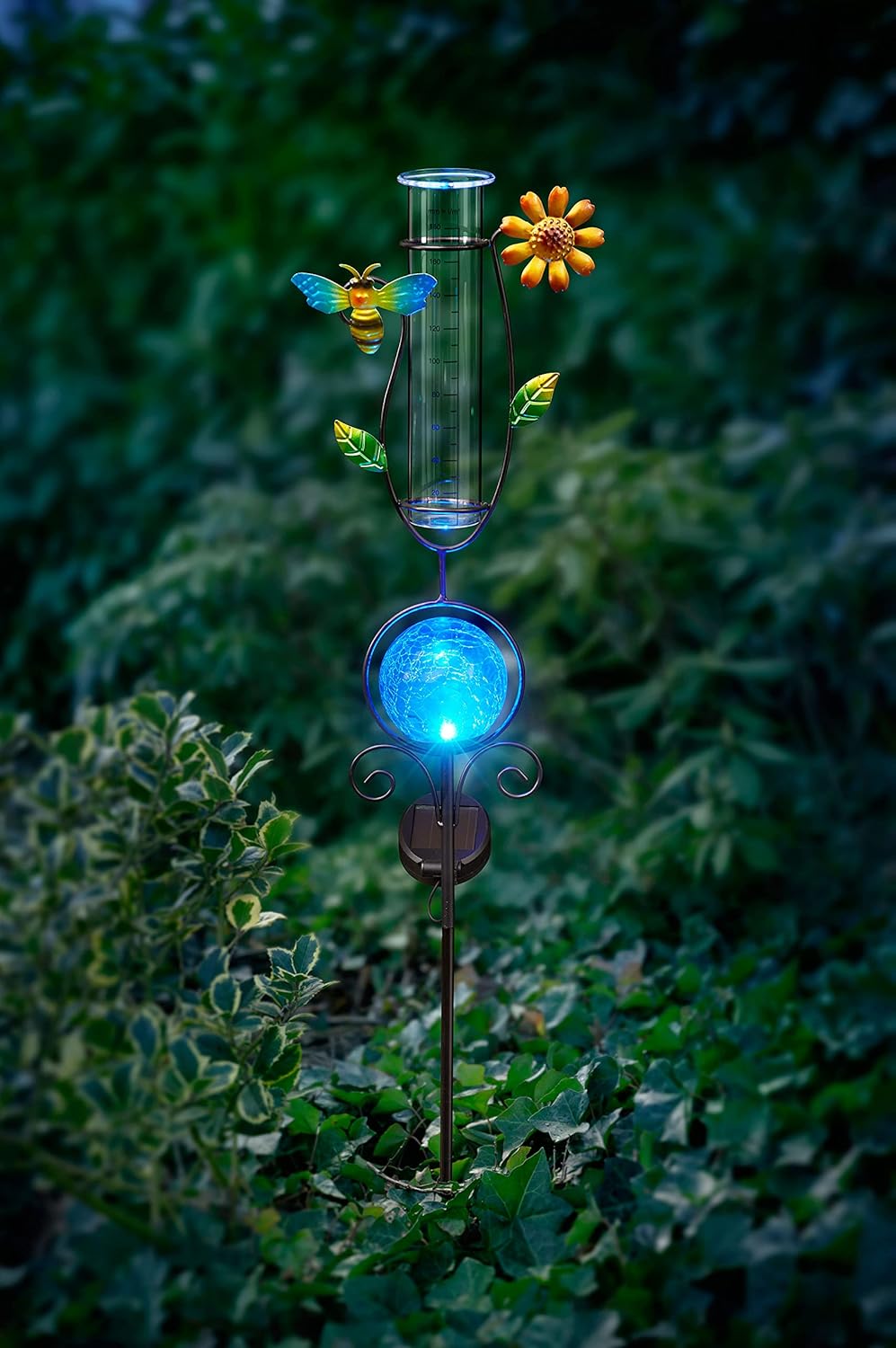Regenmesser mit LED Beleuchtung für den Garten, 2-in-1 Funktion, Metall-Erdspiess, farbige Glaskugel