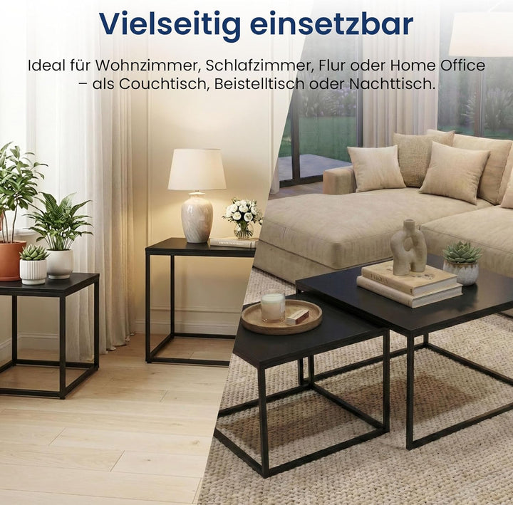 Couchtisch 2er Set quadratisch schwarz aus Holz, Wohnzimmertisch Modern, Beistelltisch Set 2 in 1 mi