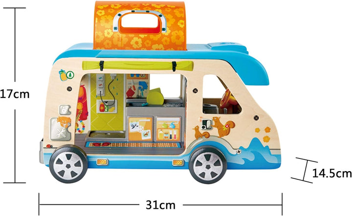 Hape Abenteuer-Van | Wohnmobil mit Puppen und Zubehör, der Camper ist aufklappbar, ab 3 Jahren