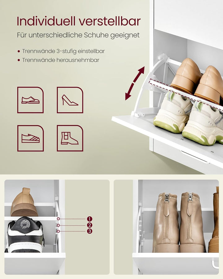 VASAGLE Schuhschrank 4 Klappen, Schuhkipper, Schuhregal, Schuhaufbewahrung, Trennwand verstellbar, f