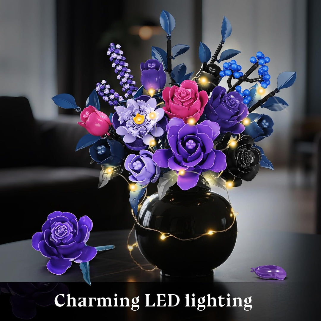 Blumen Bauset - 17 Blume Blumenstrauss Bausteine mit LED, 887 Teile Kunstblumen Bausatz Spielzeug, L