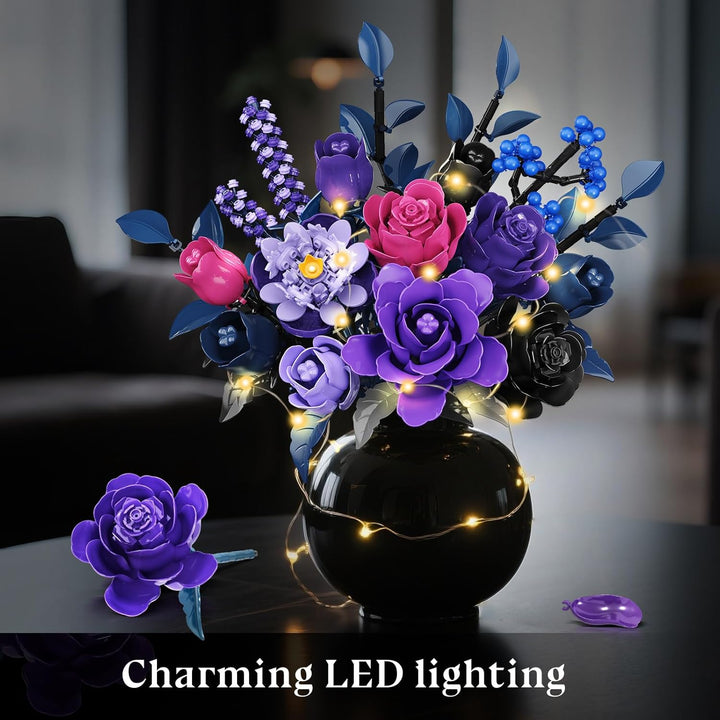 Blumen Bauset - 17 Blume Blumenstrauss Bausteine mit LED, 887 Teile Kunstblumen Bausatz Spielzeug, L