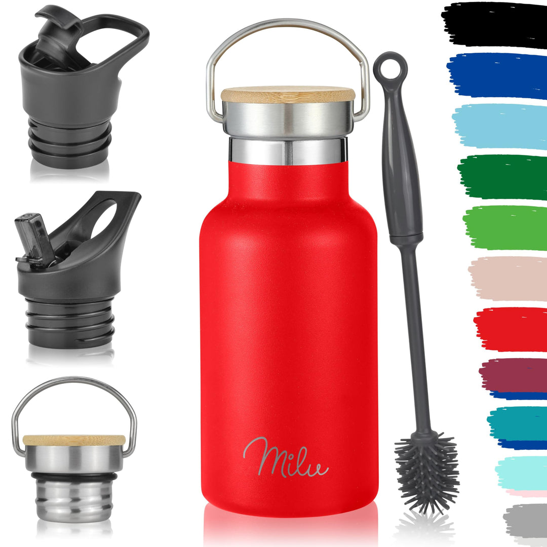 Milu Edelstahl Trinkflasche 350ml 500ml 750ml 1000ml (+3 Deckel) Thermosflasche mit Strohhalm Isolie