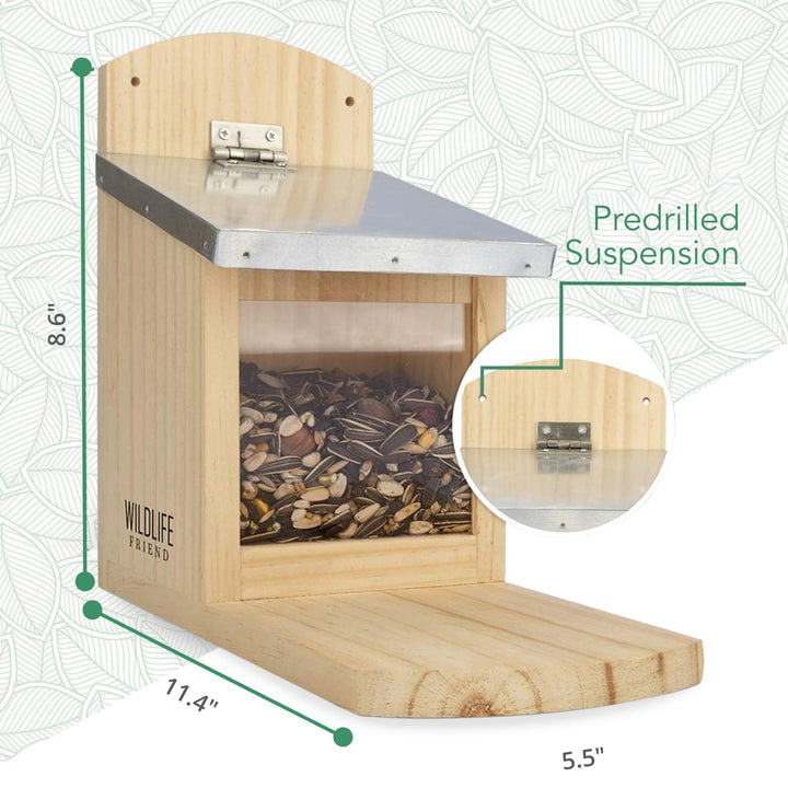WILDLIFE FRIEND I Eichhörnchen Futterhaus Maxi | 14 x 29 x 26.5 cm aus Massivholz mit Metall-Dach -