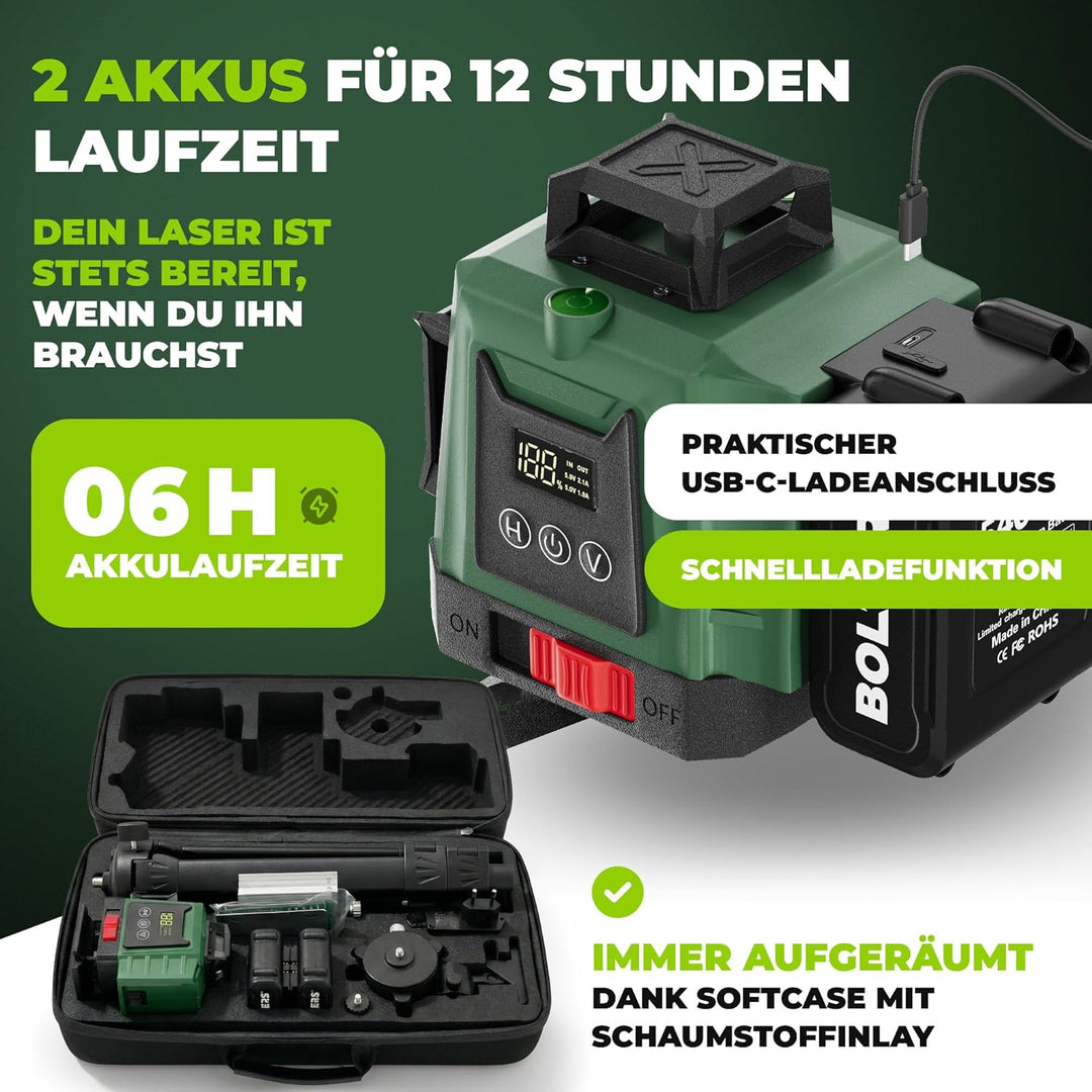 ProLaser 4x360° Kreuzlinienlaser mit Stativ – Grüner Selbstnivellierender Baulaser, 16 Linien, 2 Akk