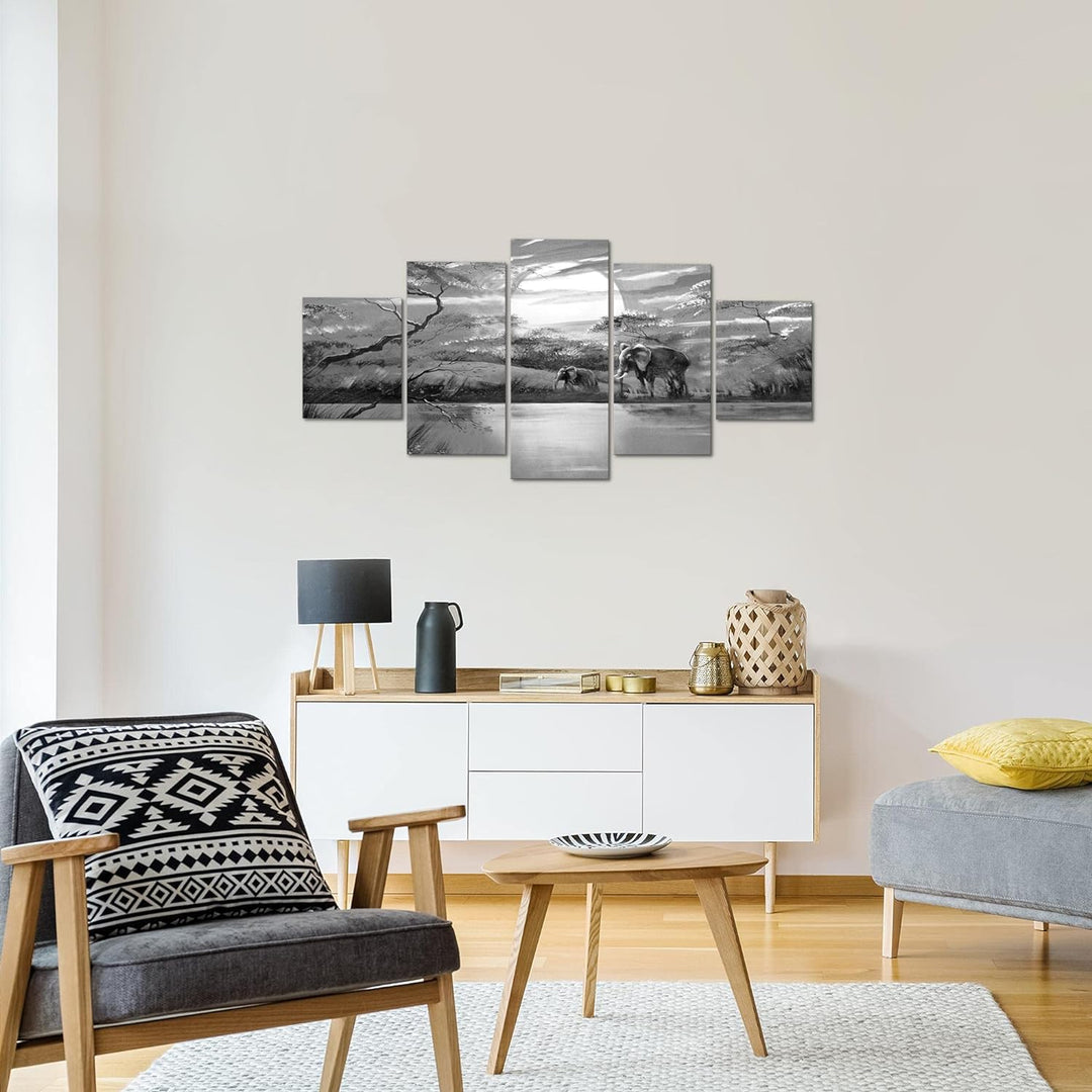 Runa Art Wandbilder Afrika Elefant 5 Teilig Bild auf Vlies Leinwand Deko Wohnzimmer Schlafzimmer Gra
