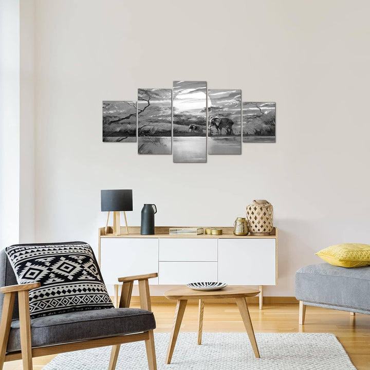 Runa Art Wandbilder Afrika Elefant 5 Teilig Bild auf Vlies Leinwand Deko Wohnzimmer Schlafzimmer Gra