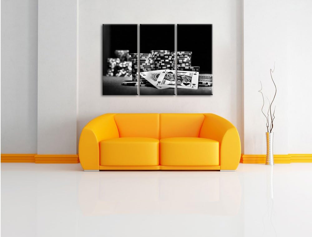 Pixxprint Monocrome, Pokertisch mit Karten in Las Vegas 3-Teiler Leinwandbild 120x80 Bild auf Leinwa