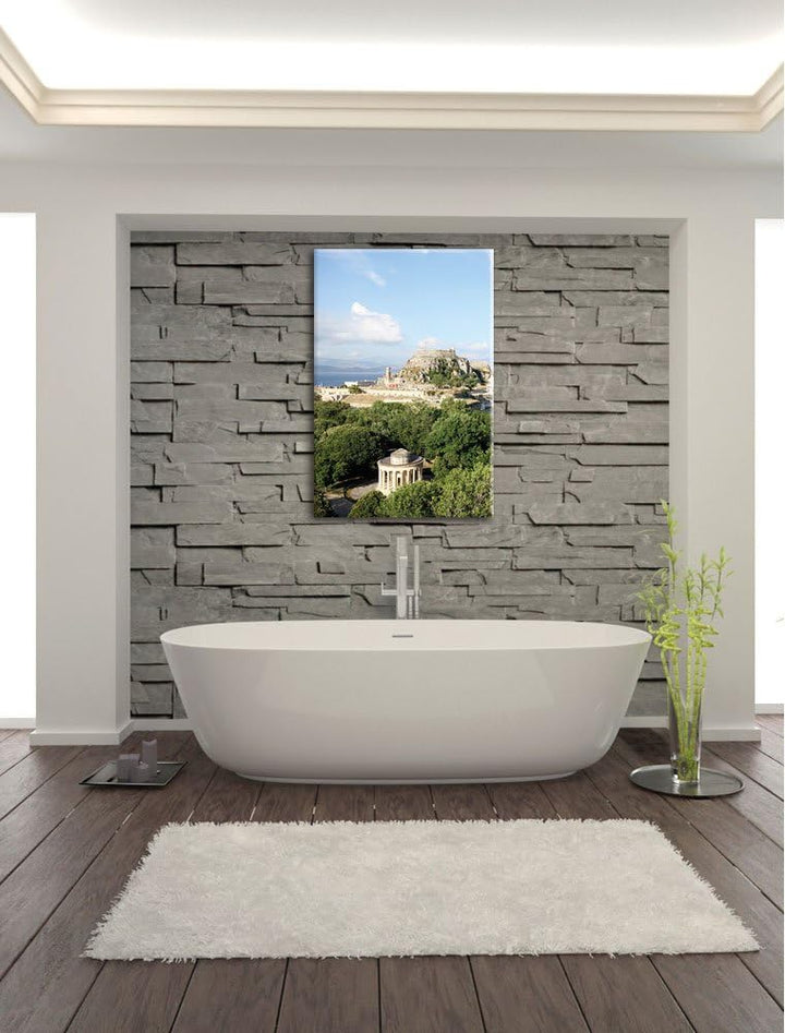 Pixxprint Griechische Entspannungsoase / 100x70cm Leinwandbild bespannt auf Holzrahmen/Wandbild Kuns