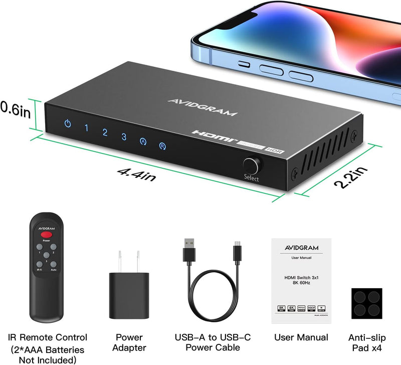 4K 120Hz HDMI 2.1 Switch 3 In 1 Out, AVIDGRAM 8K 60Hz HDMI Umschalter 3x1mit IR-Fernbedienung, 3 Por