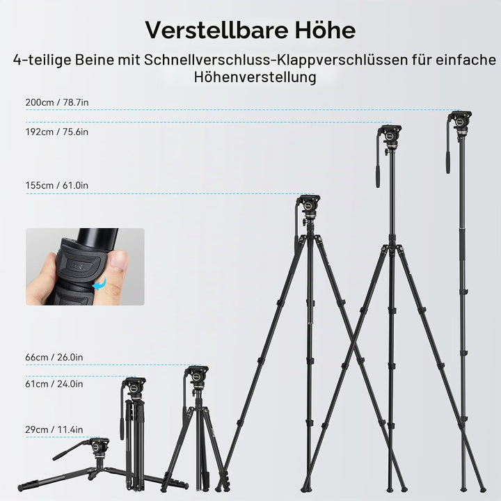 SMALLRIG Videostativ 75" Videokamerastativ Einbeinstativ mit +/-15° Nivellierbasis-Fluidkopf, profes