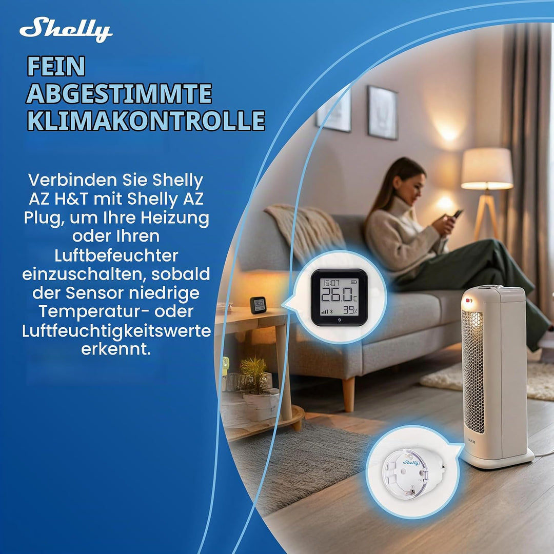 Shelly AZ H&amp;T Schwarz, WLAN Smart Temperatur- und Feuchtigkeitssensor, Schnelle Verbindung mit Alexa