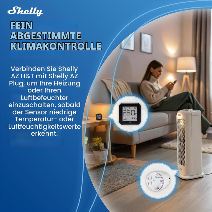 Shelly AZ H&amp;T Schwarz, WLAN Smart Temperatur- und Feuchtigkeitssensor, Schnelle Verbindung mit Alexa