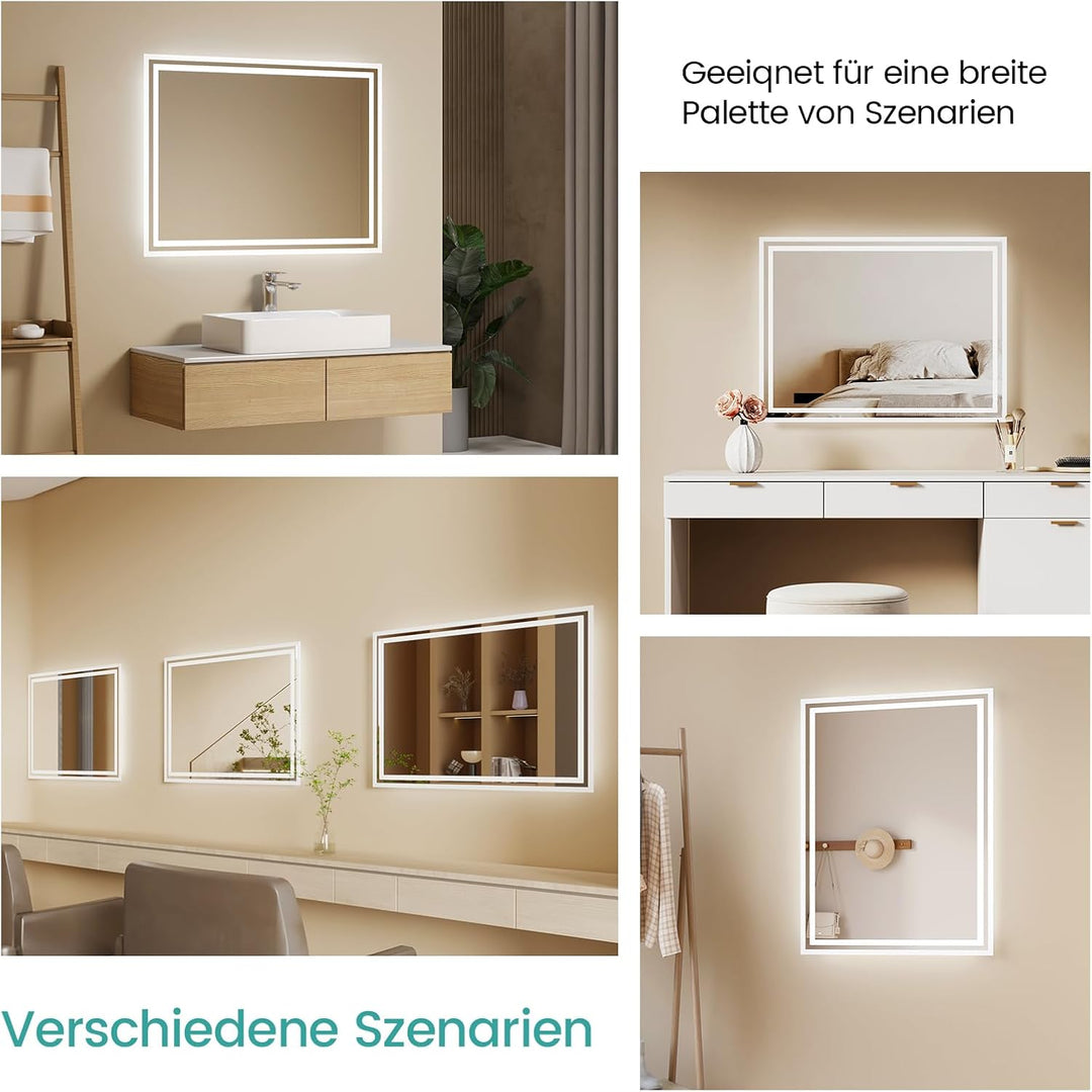 EMKE LED Badspiegel 70x50cm LED Wandspiegel mit Beleuchtung Warmweisses Licht und Kaltesweisses Lich