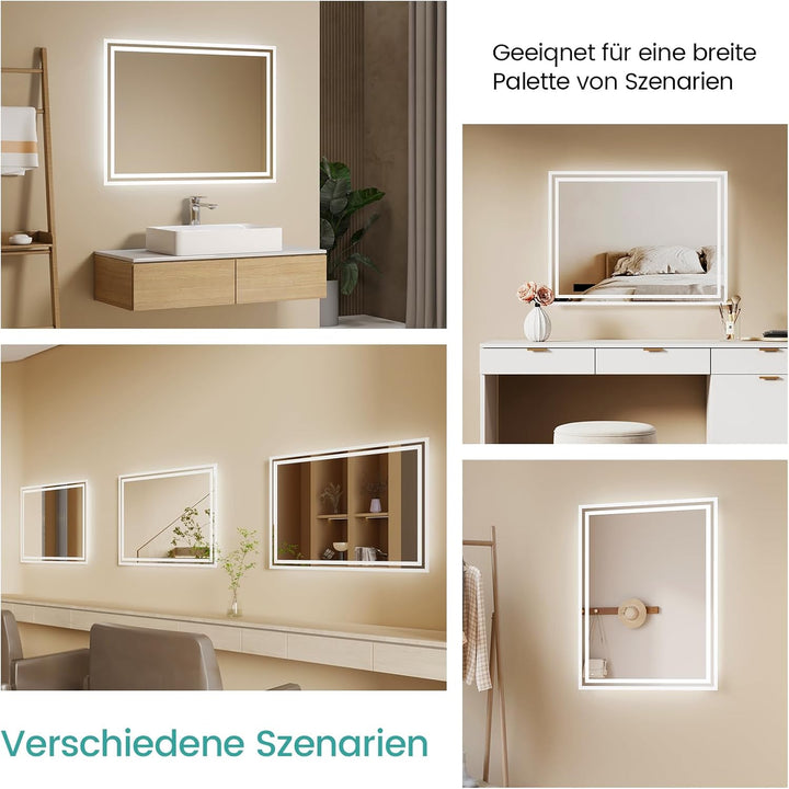 EMKE LED Badspiegel 80x60cm LED Wandspiegel mit Beleuchtung Warmweisses Licht und Kaltesweisses Lich