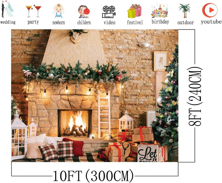 AIIKES 10x8FT Weihnachten Kulissen für Fotografie Weihnachten Kamin Foto Kulissen Vinyl Weihnachtsba