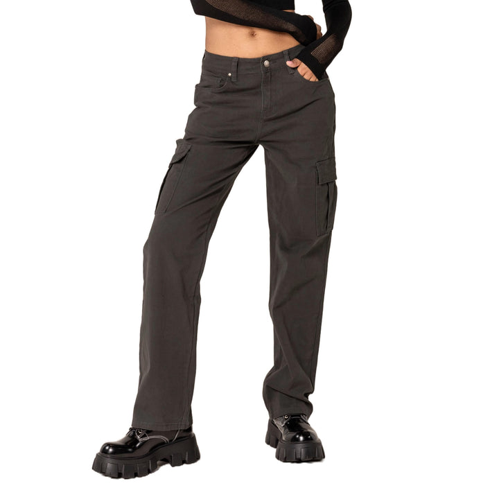 Nina Carter Q1885 Damen Cargo Jeans High Waist Cargohose Stretch Straight Leg Hose XS Dunkelgrau (Q1