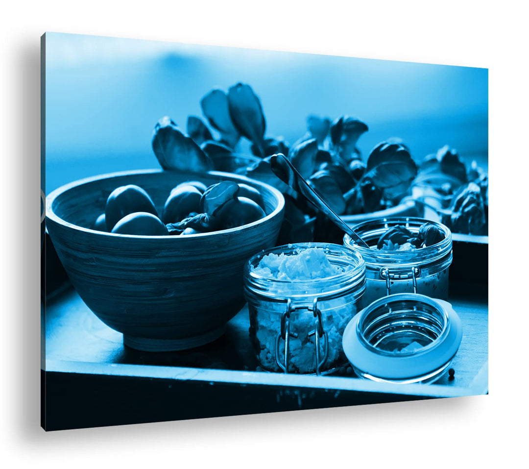 deyoli Tomaten mit Schafskäse Format 80x60 Effekt: Monocrome Blau als Leinwandbild, Motiv fertig ger