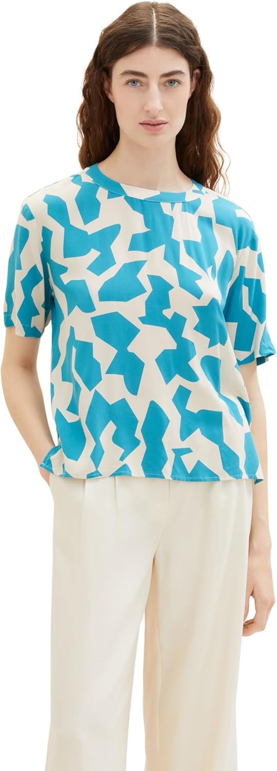 TOM TAILOR Damen T-Shirt Bluse 36 32146 - Petrol Big Abstract Design, 36 32146 - Petrol Big Abstract
