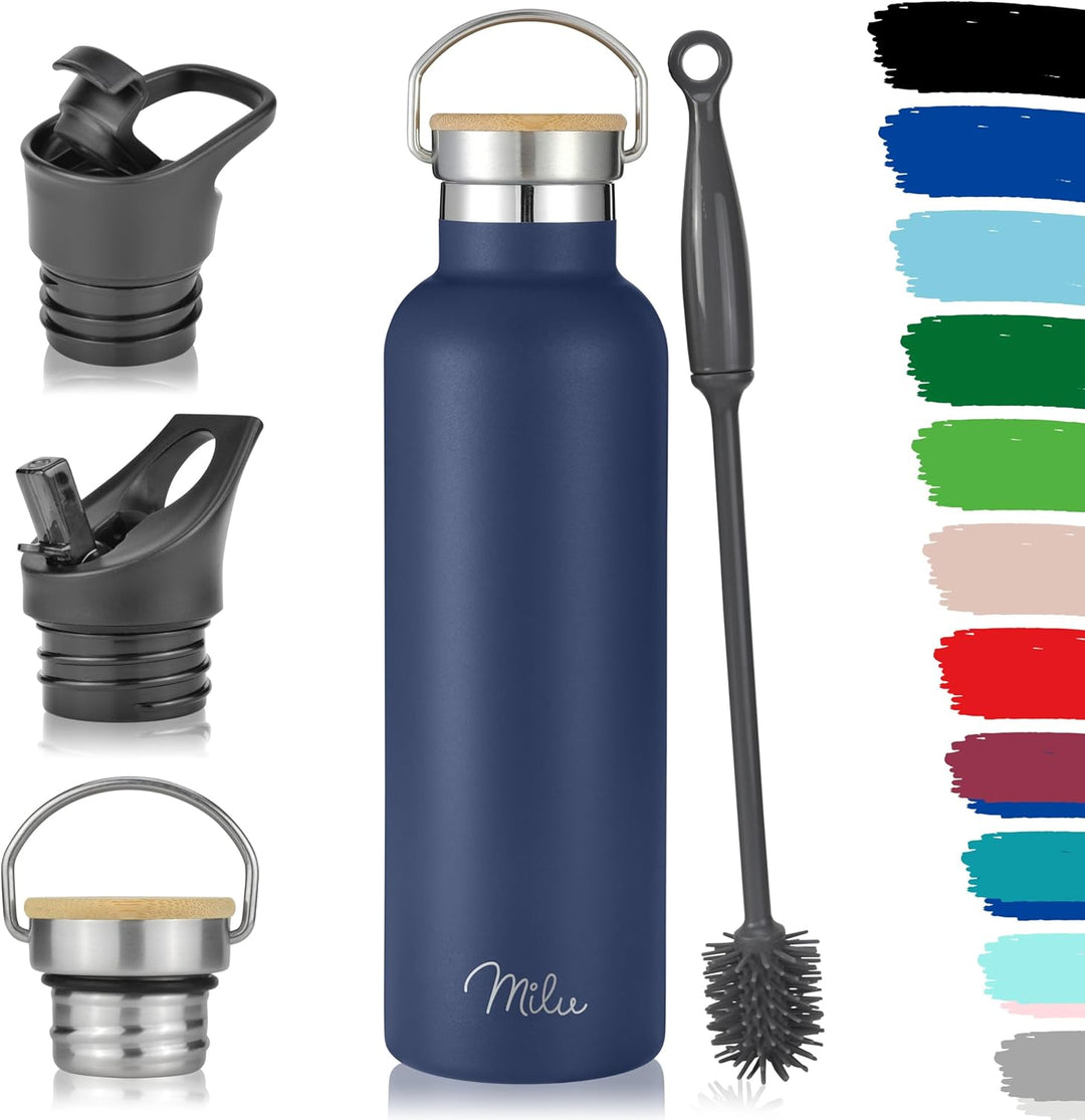 Milu Edelstahl Trinkflasche 350ml 500ml 750ml 1000ml (+3 Deckel) - Thermosflasche mit Strohhalm, Iso