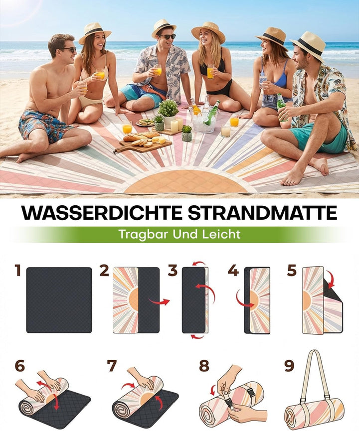 Picknickdecke 200x200 cm, Wasserdicht & Waschbar, Dreischichtige Struktur, Faltbare Stranddecke für