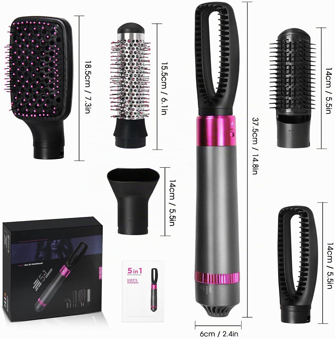 5-in-1 Lockenstäbe Lockenbürste Set, Warmluftbürste Rotierend mit Lockenstab, Set Haartrockner Hairs