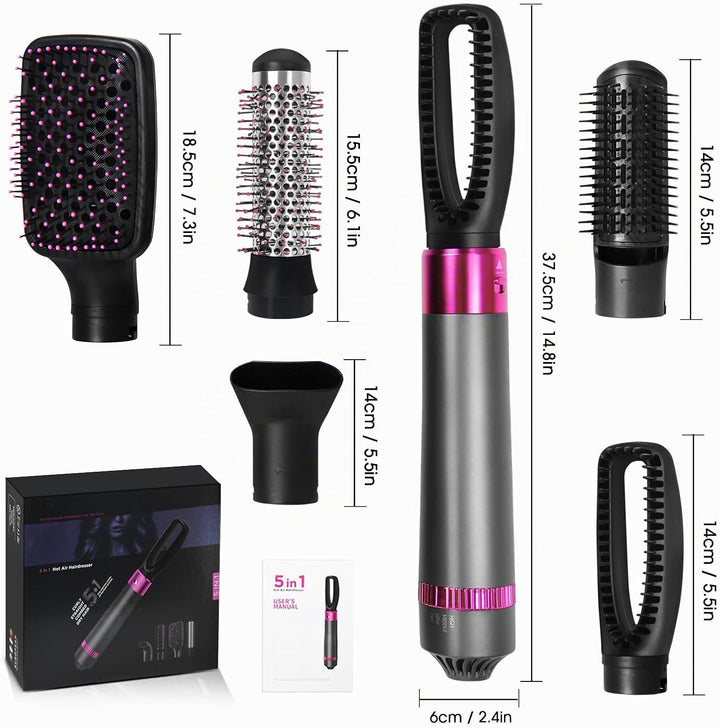 5-in-1 Lockenstäbe Lockenbürste Set, Warmluftbürste Rotierend mit Lockenstab, Set Haartrockner Hairs