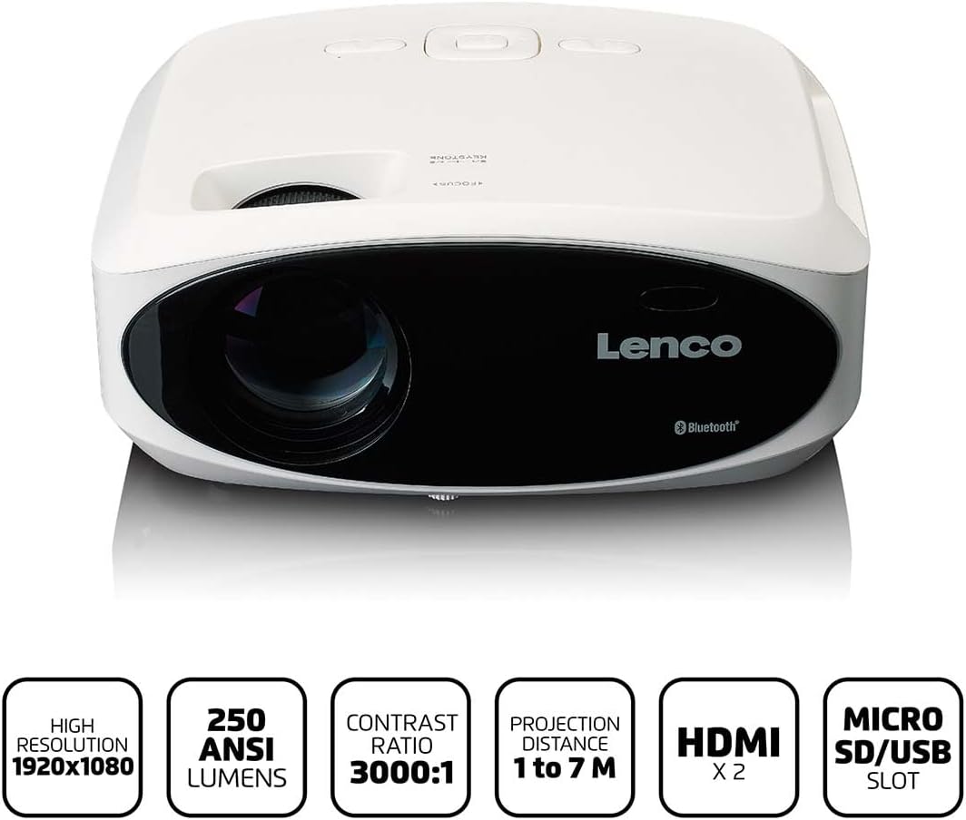 Lenco LPJ-900WH Full HD LCD-Projektor, 1920x1080, 250 ANSI Lumen, Bluetooth 5.0, Weiss, 510 cm Proje