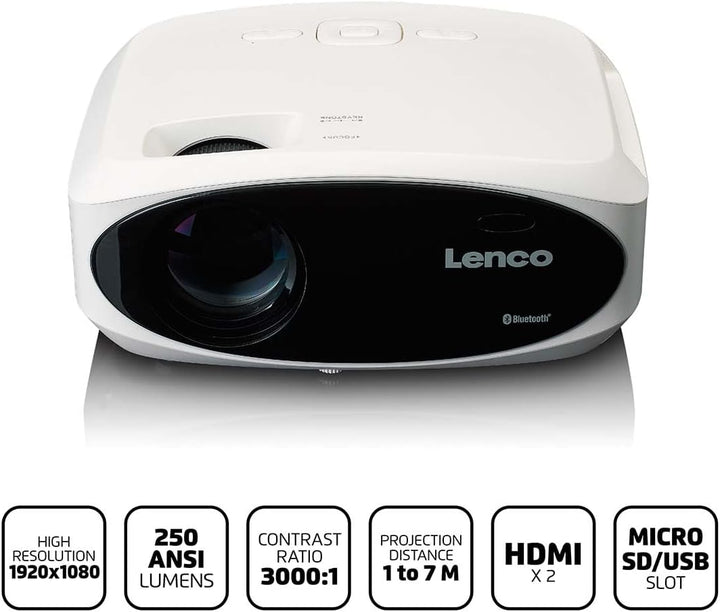 Lenco LPJ-900WH Full HD LCD-Projektor, 1920x1080, 250 ANSI Lumen, Bluetooth 5.0, Weiss, 510 cm Proje