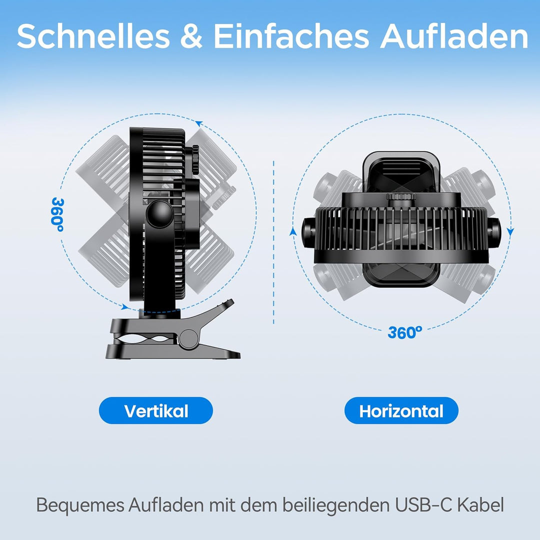 EasyAcc Ventilator mit Clip, 10000mAh USB-Ventilator, 3-in-1-Tischventilator mit 5 Geschwindigkeiten